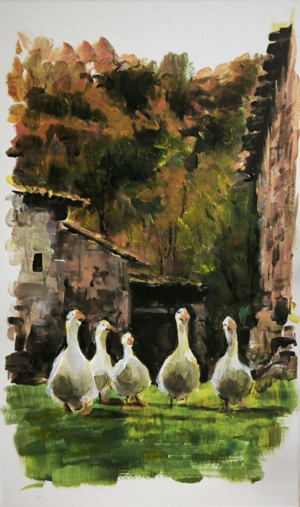 Pintura de gansos en un paisaje rural con árboles