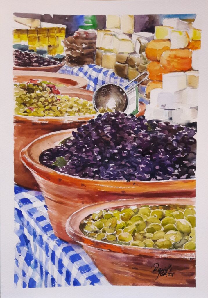 Pintura de un mercado con diferentes tipos de aceitunas en cuencos.