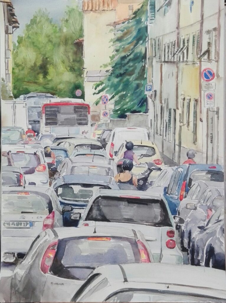 Pintura de un tráfico denso en una calle urbana