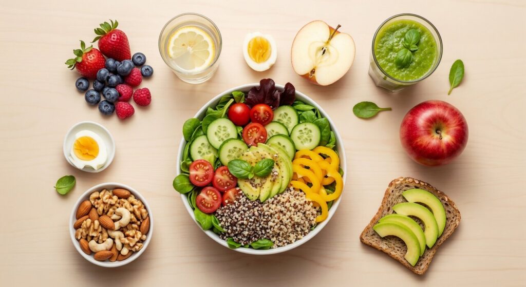 Ensalada colorida con quinoa, verduras frescas y frutas