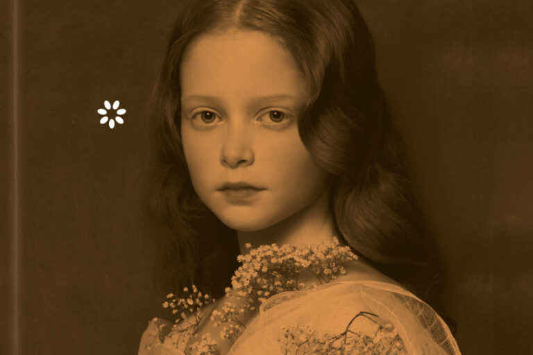 Retrato de una niña con cabello rizado y flores en el vestido