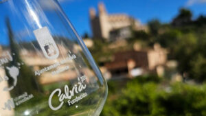 Copa de vino con el paisaje de Calvià al fondo