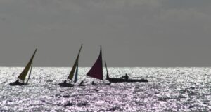 Barcos de vela adaptada compitiendo en el mar con diversas velas