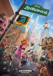 P&oacute;ster de Zootr&oacute;polis 2 con personajes animados en la ciudad.