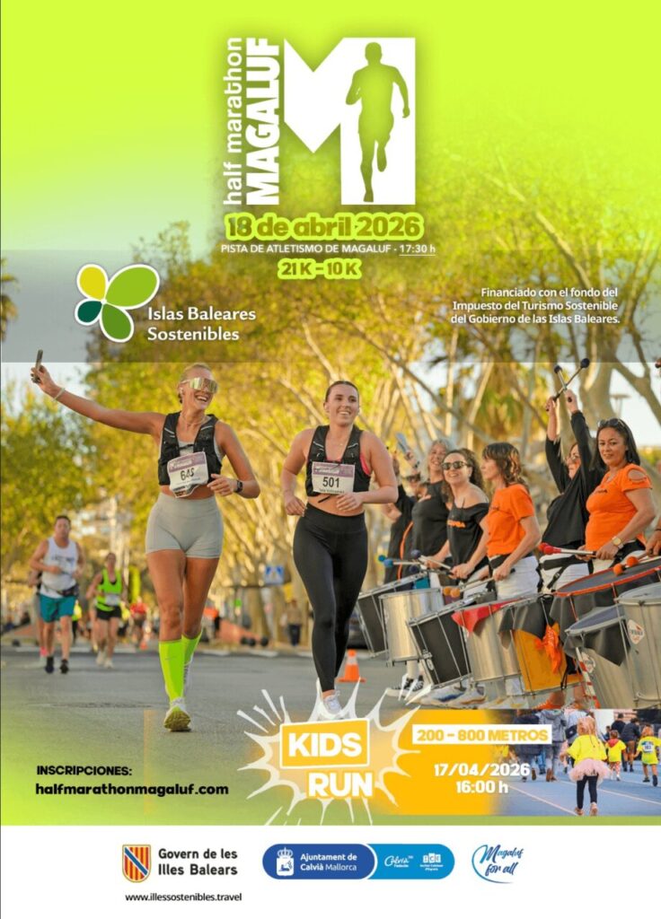 Cartel promocional de la Half Marathon Magaluf 2026 con corredores y detalles del evento.