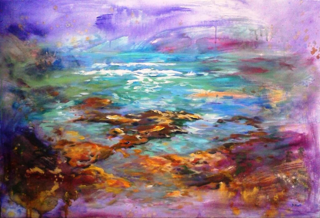 Pintura abstracta de paisaje marino con colores vibrantes.