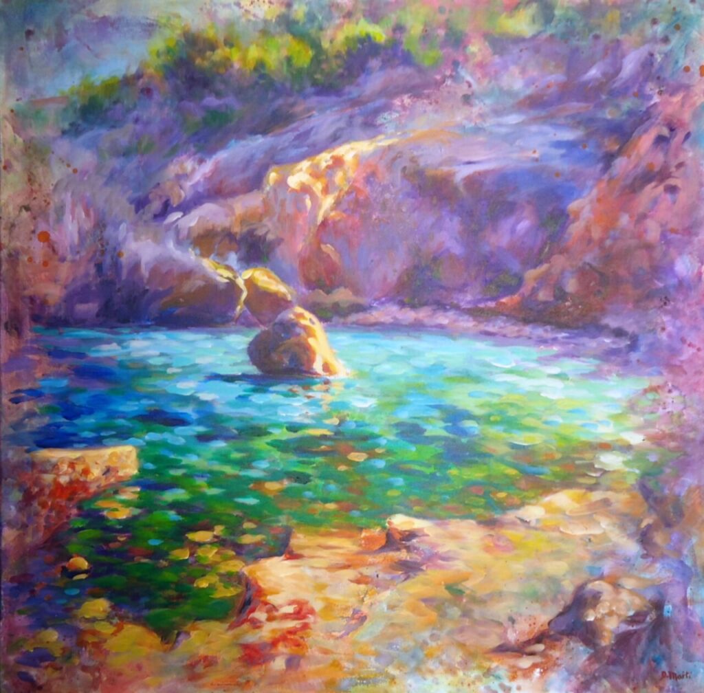 Pintura colorida de un paisaje costero con rocas y agua