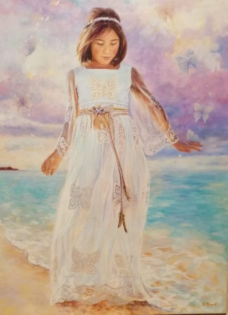 Pintura de una ni&ntilde;a en un vestido blanco junto al mar