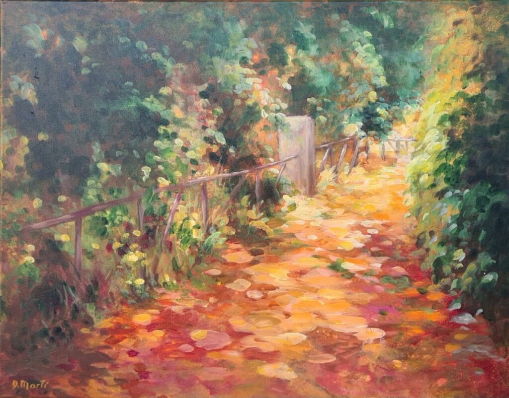 Pintura de un sendero rodeado de vegetaci&oacute;n colorida