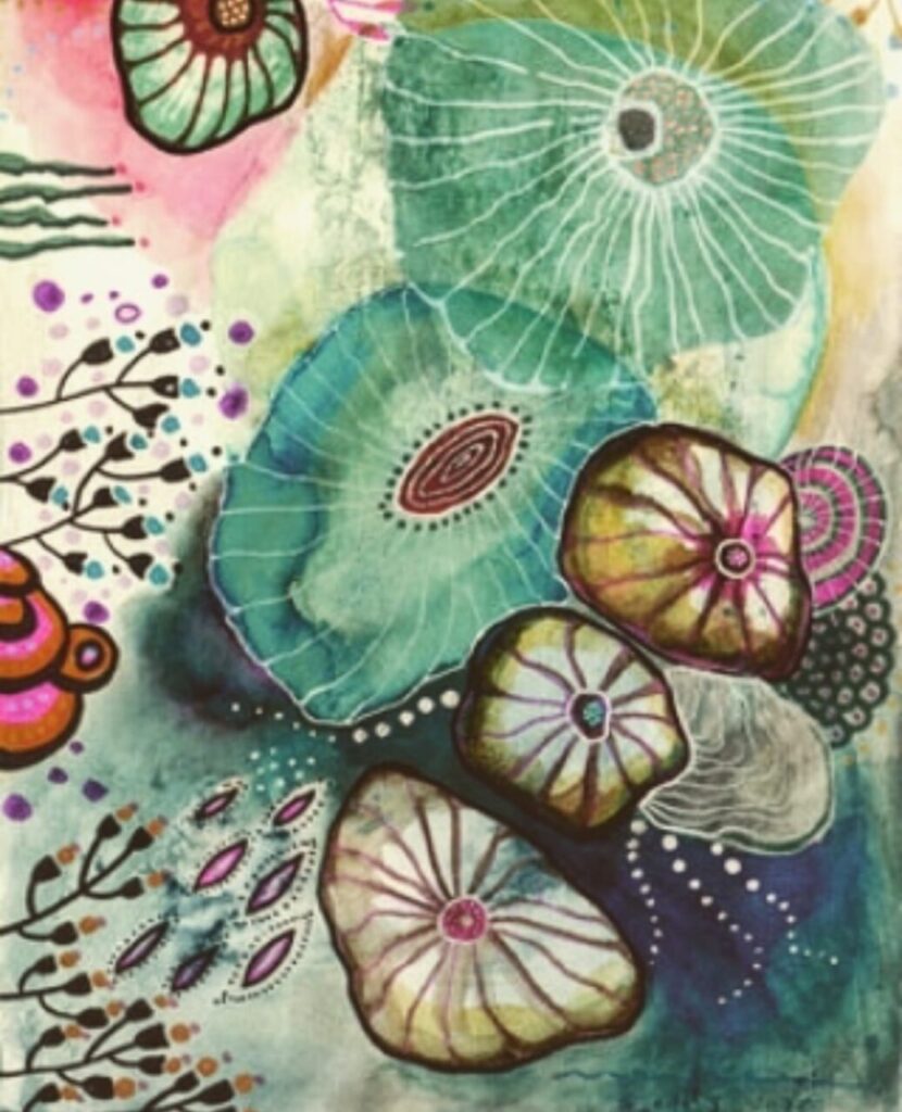 Pintura abstracta con formas orgánicas y colores vibrantes