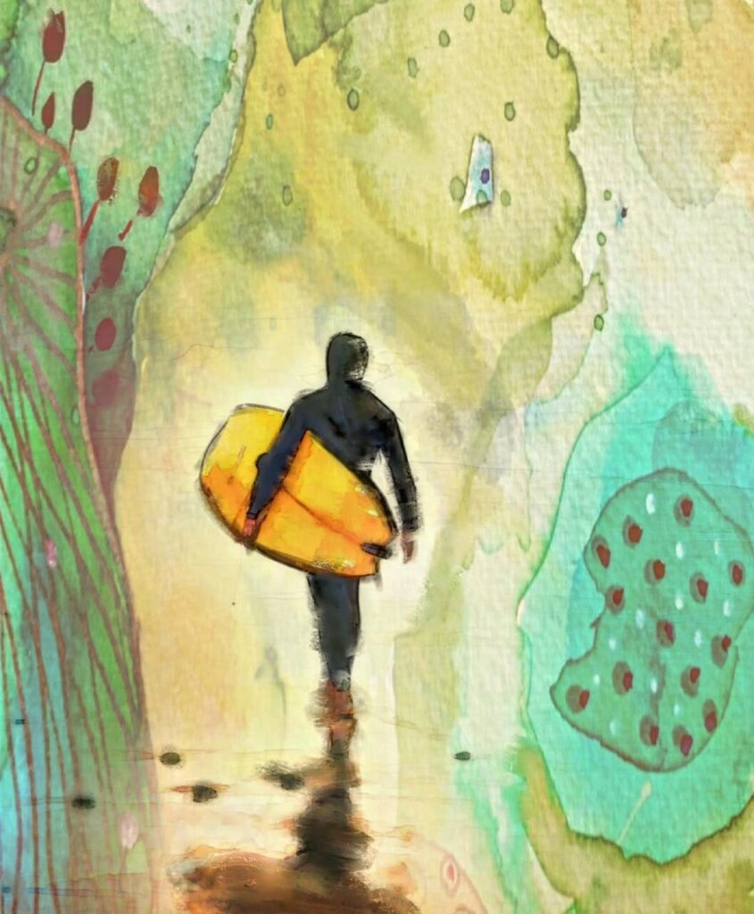 Ilustración de una persona con una tabla de surf caminando por un camino colorido