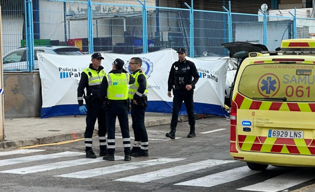 Policías y ambulancia en el lugar del accidente en Coll d’en Rabassa.