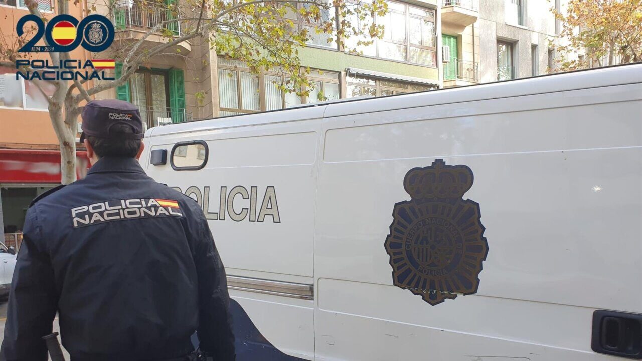 Agente de la Polic&iacute;a Nacional junto a una furgoneta policial en la calle