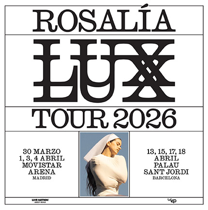 Cartel del LUX Tour 2026 de Rosalía con fechas y lugares de conciertos.