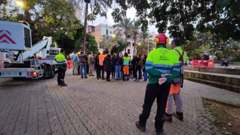 Grupo de personas en la plaza Llorenç Villalonga con vehículos de emergencia.