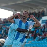 Gerardo Bonet celebra un gol con sus compañeros en el Estadi Balear