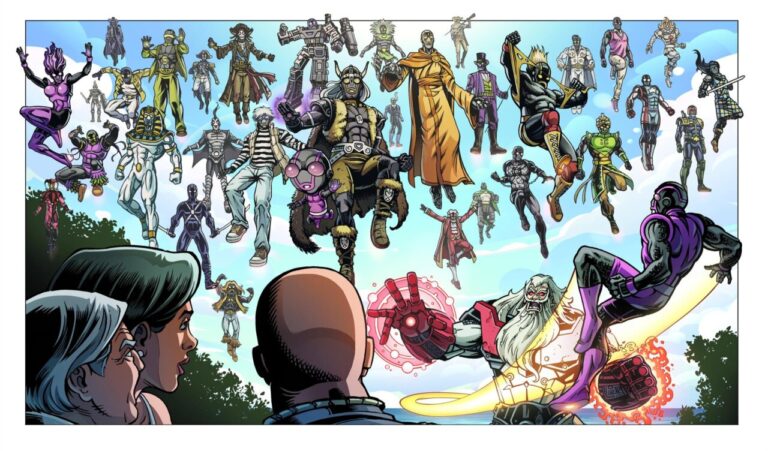 Ilustración de superhéroes españoles en un cómic