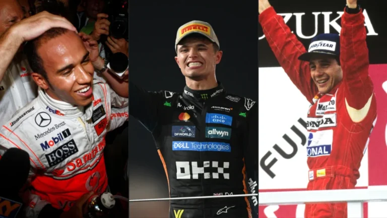 Lando Norris celebrando su título con otros campeones de McLaren