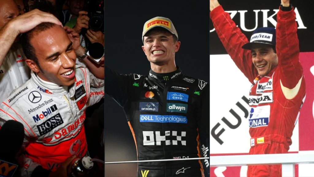 Lando Norris celebrando su t&iacute;tulo con otros campeones de McLaren