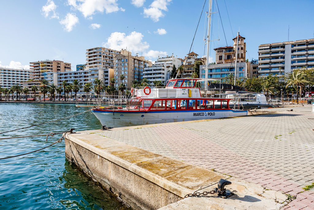 Vista del muelle de las golondrinas en Palma con embarcaciones y edificios de fondo