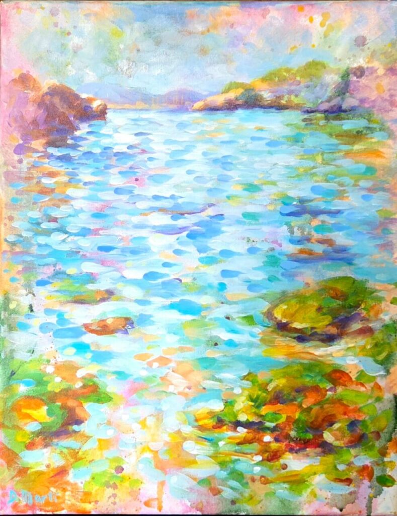 Pintura de un paisaje marino con colores vibrantes y agua reflejante.