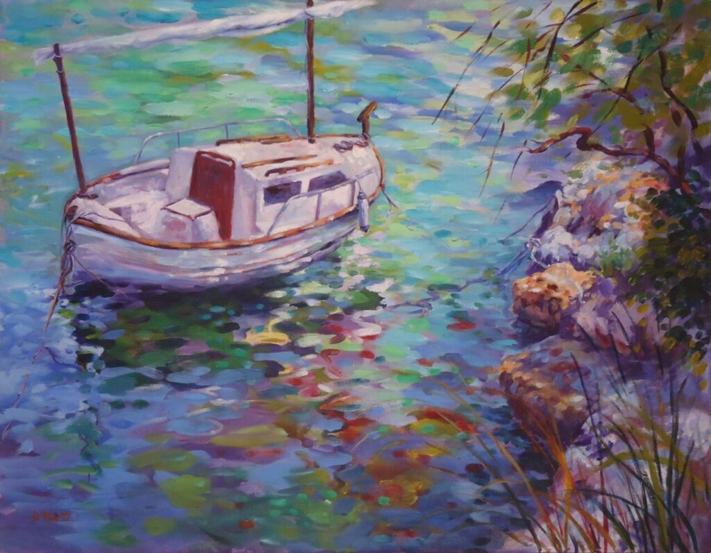 Pintura de un barco en aguas coloridas y brillantes.