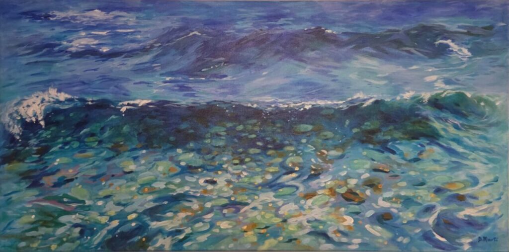 Pintura abstracta que representa olas y agua en tonos azules y verdes.