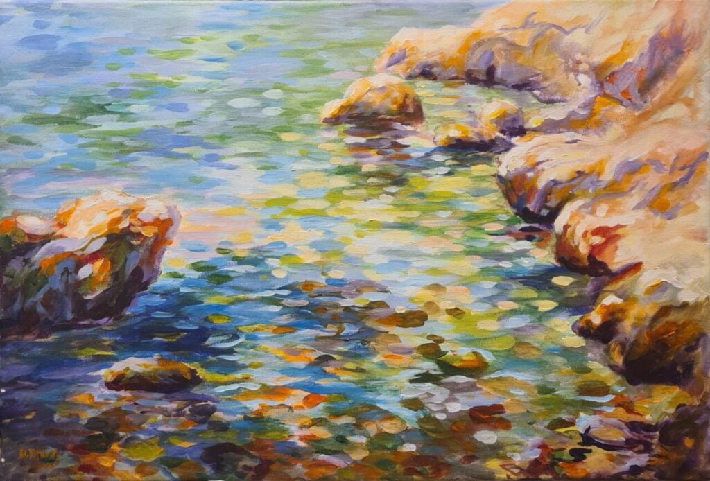Pintura de un paisaje acu&aacute;tico con rocas y reflejos de luz