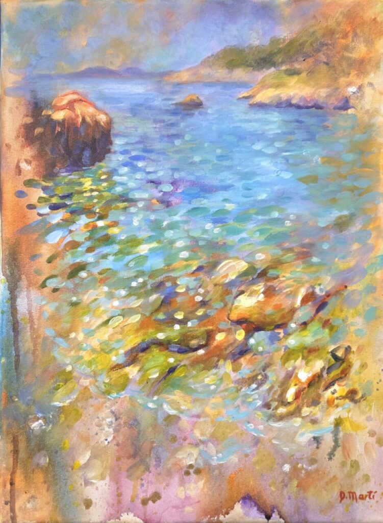 Pintura de paisaje marino con rocas y agua azul