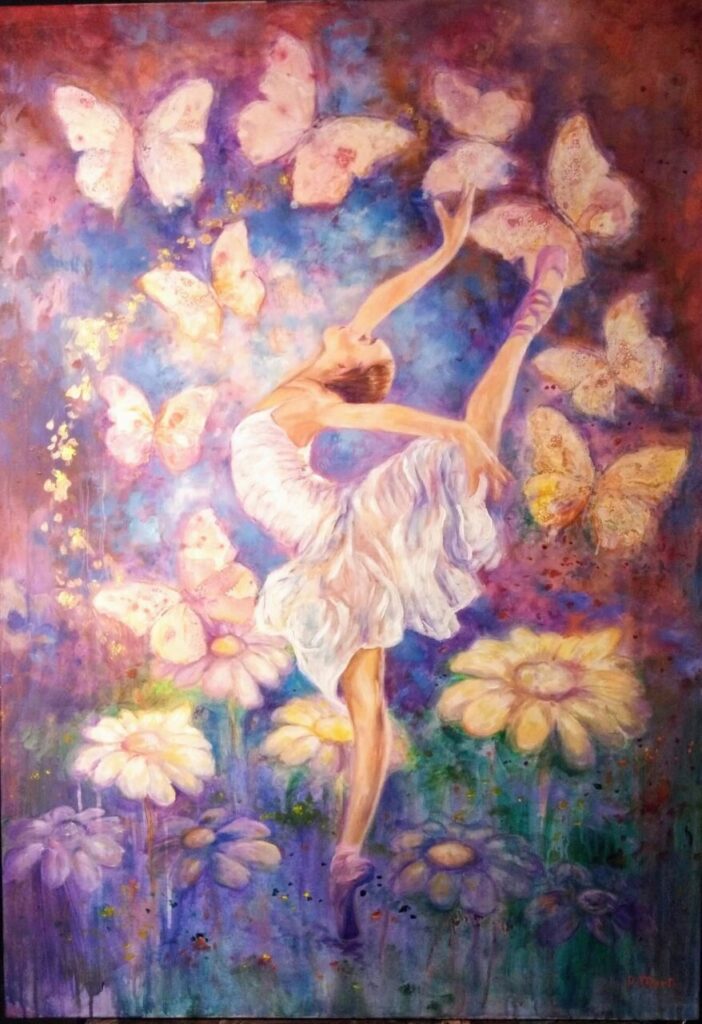 Bailarina en un fondo de mariposas y flores coloridas