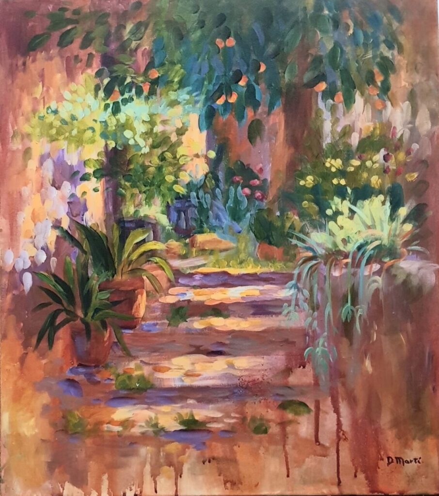 Pintura de un jard&iacute;n con plantas y flores coloridas