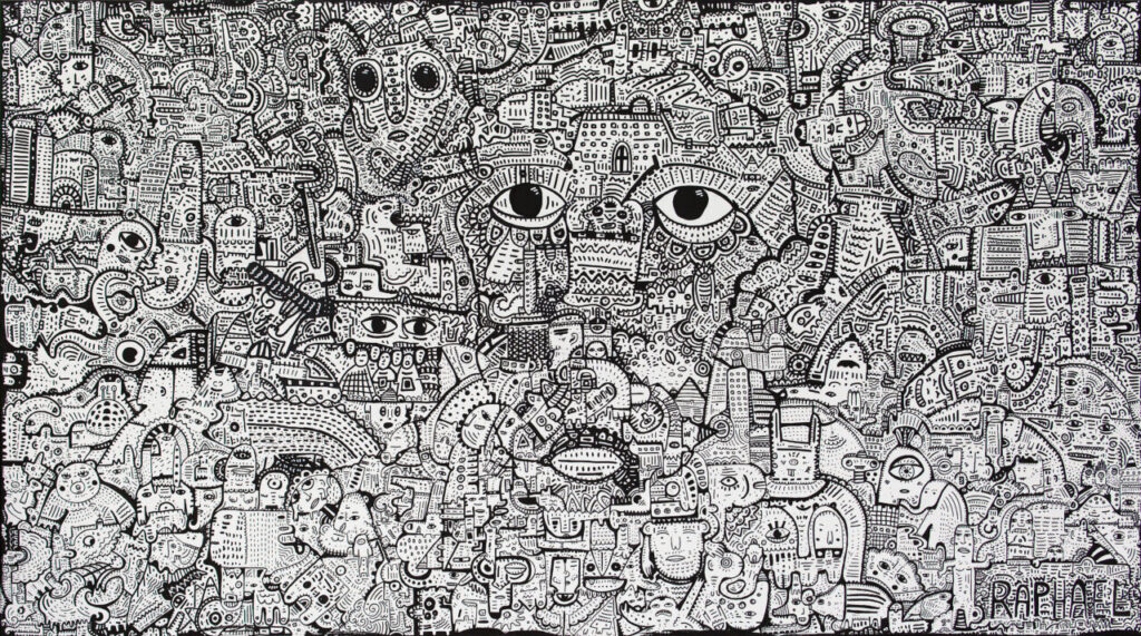 Obra de arte abstracta de Space Rapha&euml;l con m&uacute;ltiples figuras y patrones