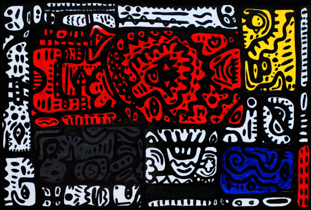 Obra de arte abstracta con colores rojo, negro, blanco y amarillo