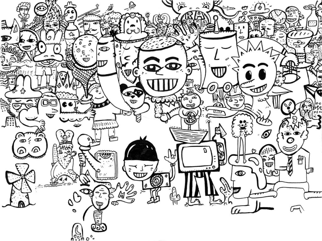 Ilustraci&oacute;n llena de personajes y formas en blanco y negro.