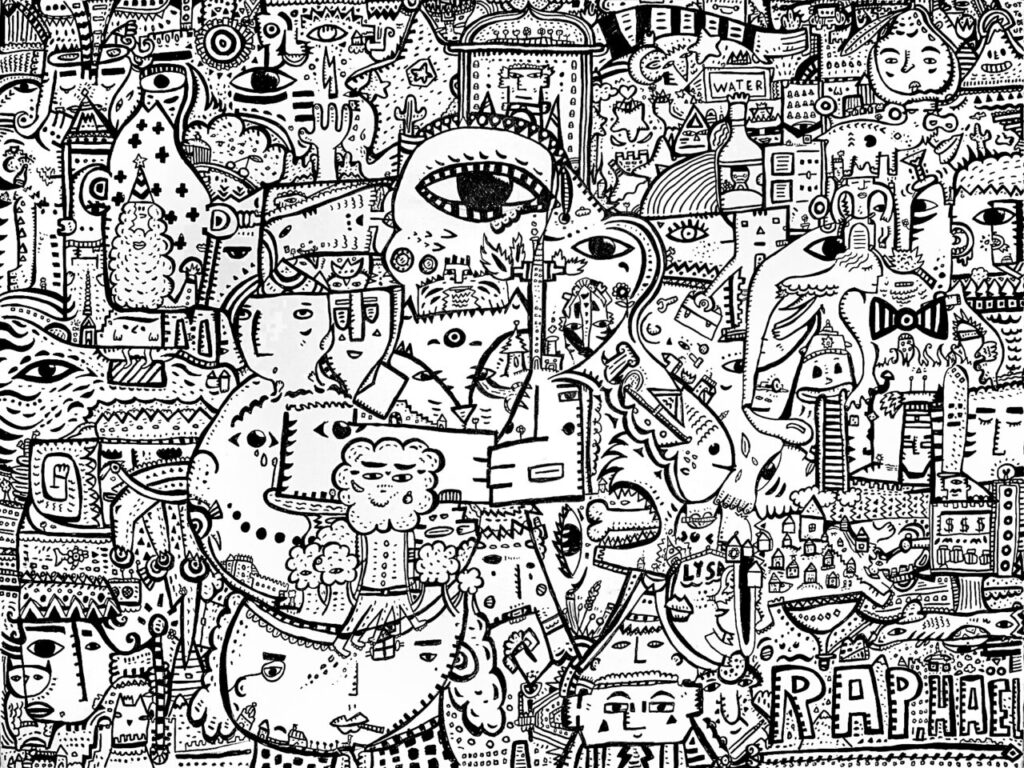 Obra de arte abstracta con m&uacute;ltiples figuras y elementos en blanco y negro.