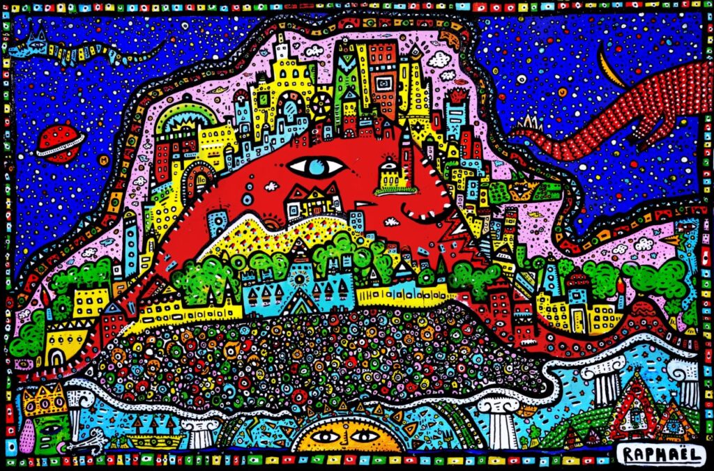 Colorida obra de arte de Space Rapha&euml;l con paisajes y figuras abstractas.