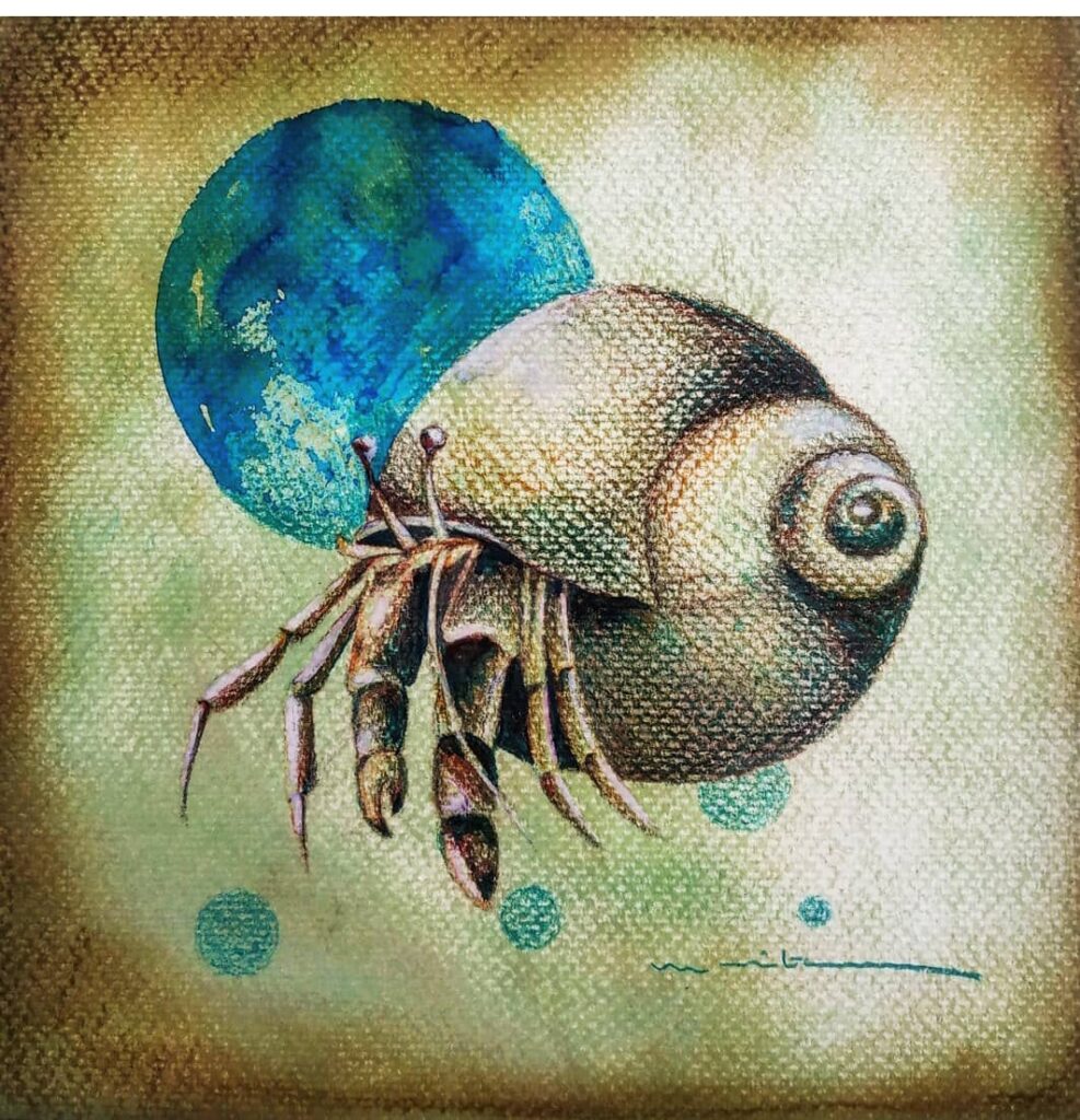 Obra de arte de Maite Granados con un caracol y un fondo azul