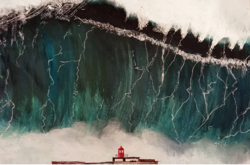 Obra de arte que muestra una ola gigante y un faro rojo