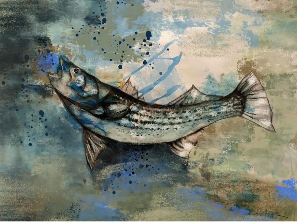 Pintura de un pez en tonos azules y verdes