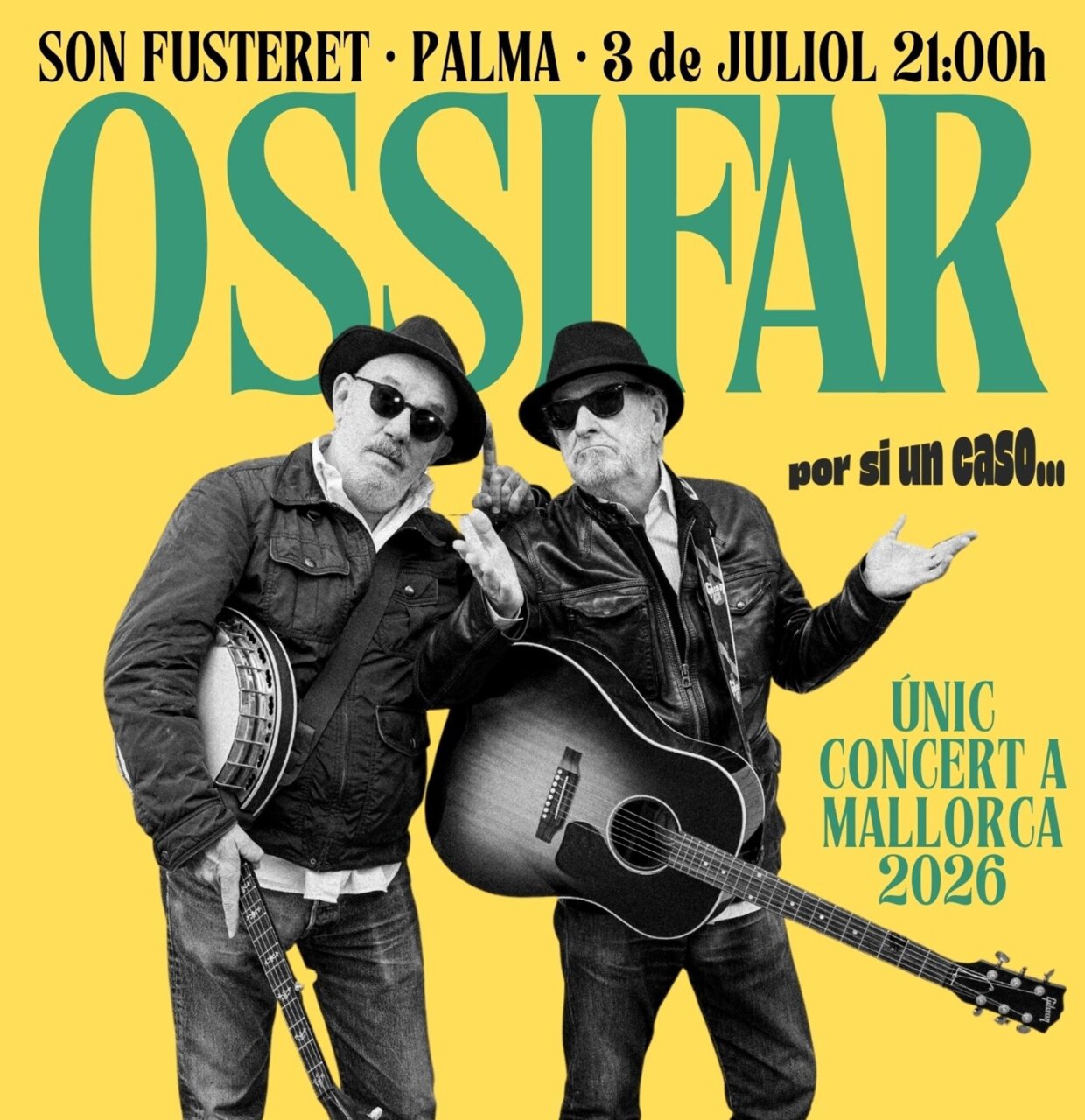 Dos músicos de Ossifar posando con instrumentos en un cartel de concierto.