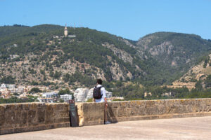 Vista del bosque de Bellver en Palma con un visitante contemplando el paisaje.