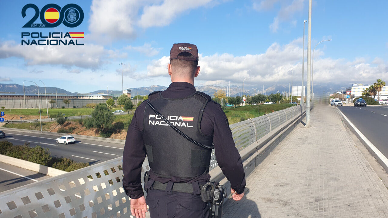 Polic&iacute;a nacional en pr&aacute;cticas en un puente peatonal en Palma