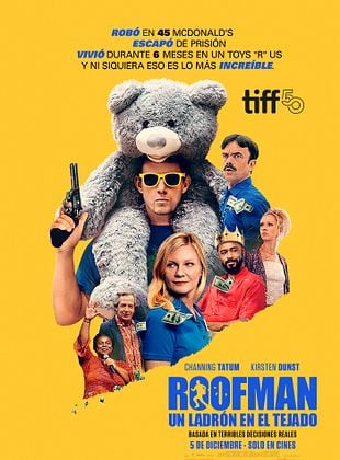 Póster de la película Roofman con personajes y un oso de peluche