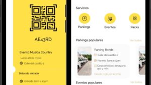 Interfaz de la app Vaneoo mostrando un c&oacute;digo QR y servicios de caravaning.