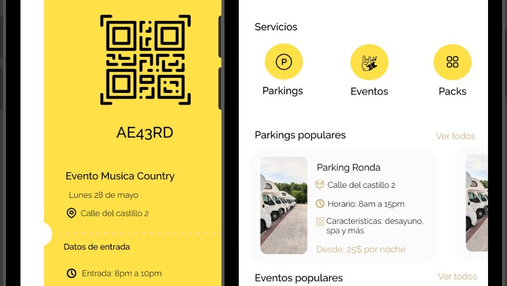 Interfaz de la app Vaneoo mostrando un c&oacute;digo QR y servicios de caravaning.