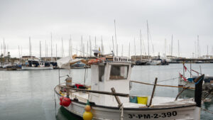 Barco de pesca en un puerto con yates al fondo