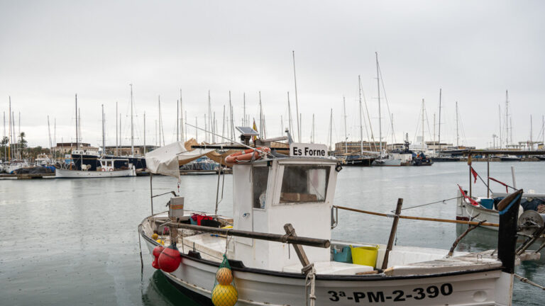 Barco de pesca en un puerto con yates al fondo