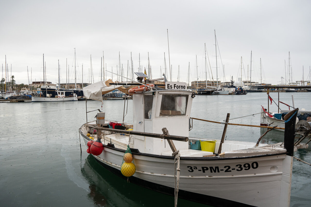 Barco de pesca en un puerto con yates al fondo