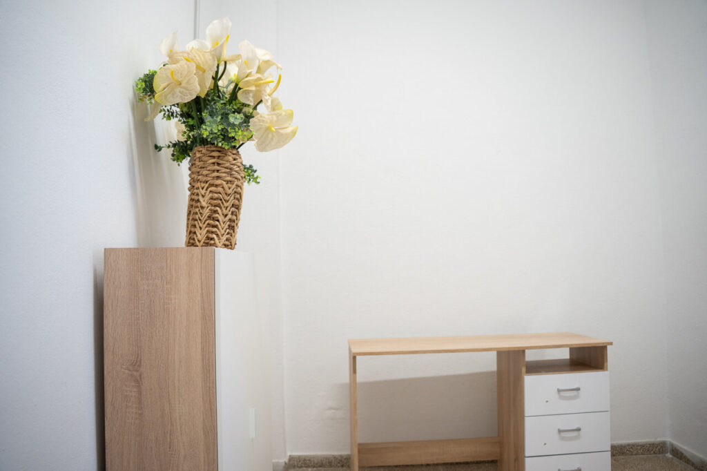 Espacio interior con escritorio y flores decorativas en una maceta