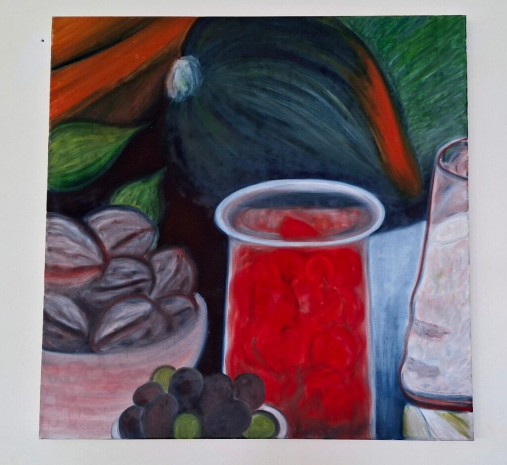 Pintura de naturaleza muerta con frutas y vegetales coloridos